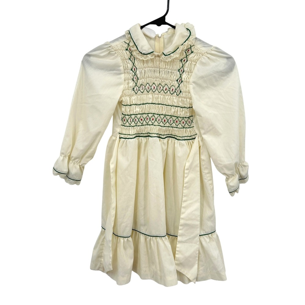 Polly Flinders Smocked Dress Girls 7 Cream Embroidered Peter Pan Collar Vintage‎